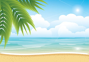 Tropical Summer Beach Vector Illustration with Palm Fronds and Ocean Waves HD wallpaper
