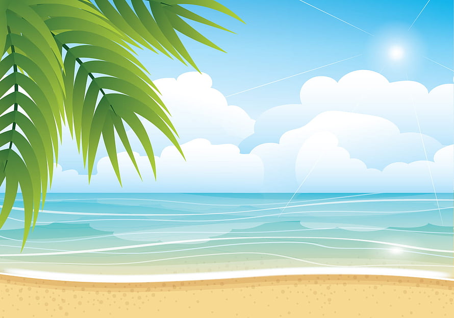 Tropical Summer Beach Vector Illustration with Palm Fronds and Ocean Waves HD wallpaper
