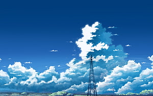 Anime Style Summer Sky With Fluffy Clouds And Power Line Tower HD wallpaper