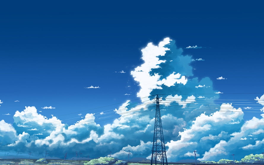 Anime Style Summer Sky With Fluffy Clouds And Power Line Tower HD wallpaper