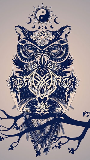 Mystical Owl with Yin Yang and Celtic Knots in Navy Blue Digital Art HD phone wallpaper