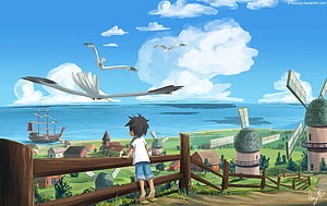 One Piece Coastal Village Scene with Windmills and Sailing Ship HD wallpaper