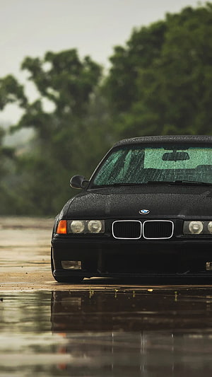 Black BMW E36 M3 Front View on Wet Road in the Rain HD phone wallpaper