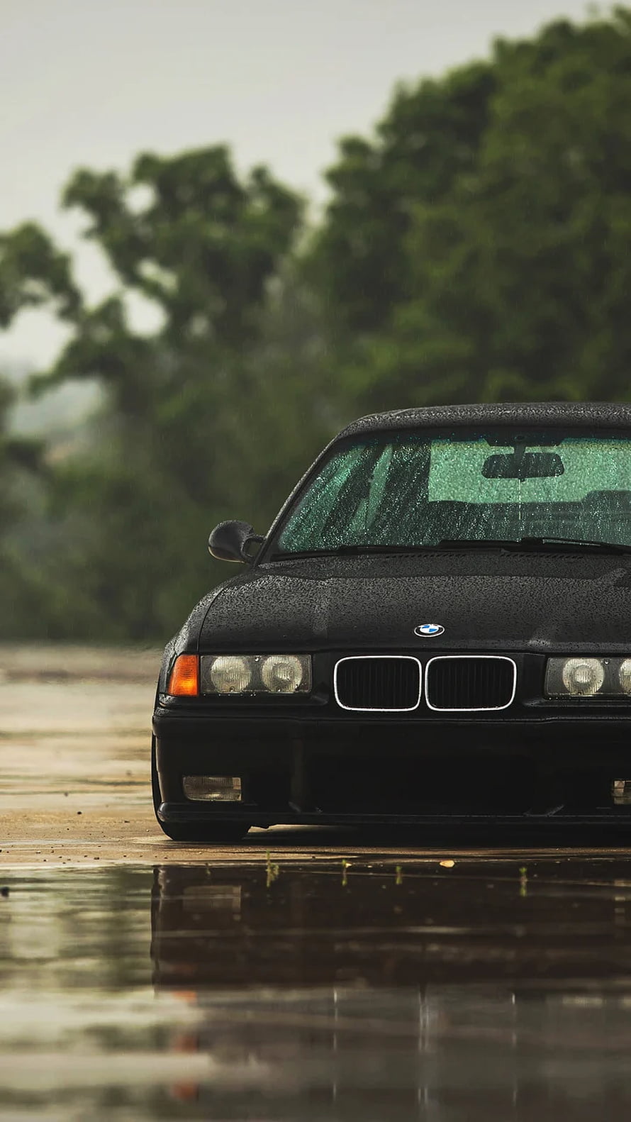 Black BMW E36 M3 Front View on Wet Road in the Rain HD phone wallpaper