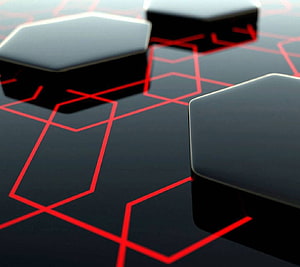 Abstract 3D Hexagonal Tiles with Glowing Red Geometric Lines on Dark Surface HD wallpaper