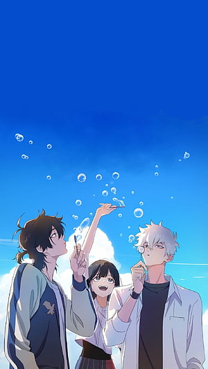Three Anime Characters Blowing Bubbles Under a Bright Blue Sky HD phone wallpaper