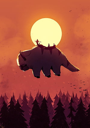 Appa the Flying Bison Silhouette Against a Giant Sun in Avatar The Last Airbender HD phone wallpaper