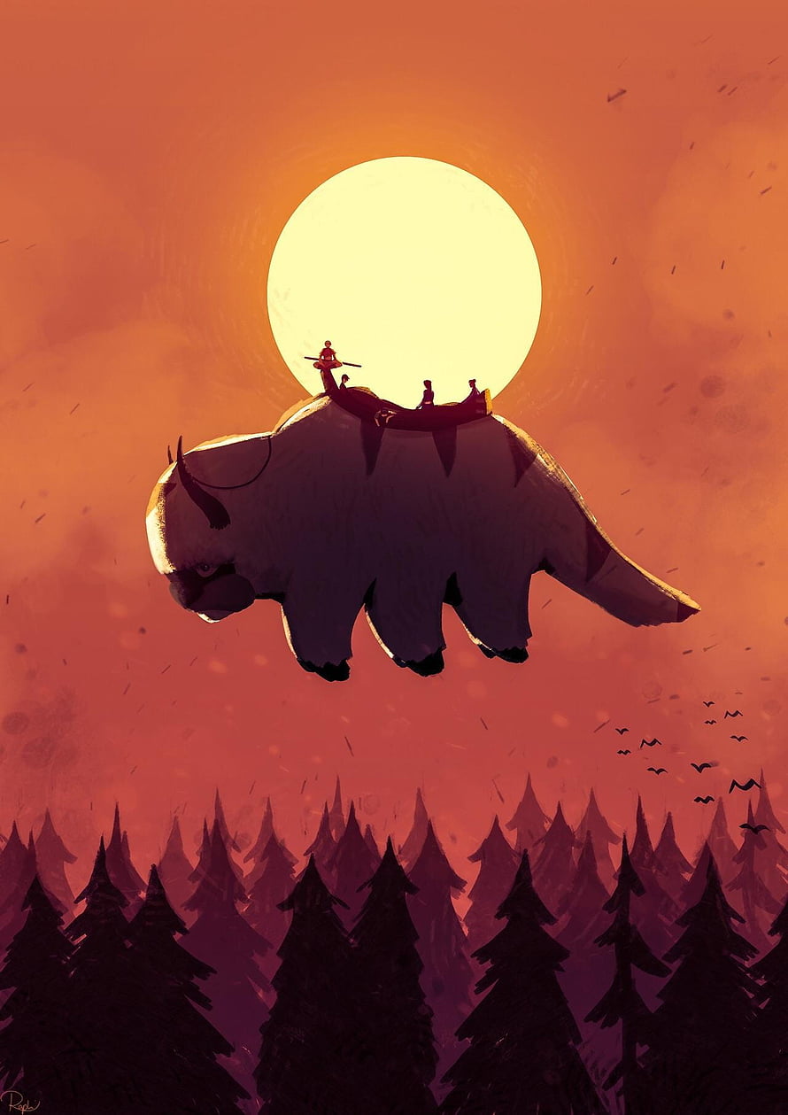 Appa the Flying Bison Silhouette Against a Giant Sun in Avatar The Last Airbender HD phone wallpaper