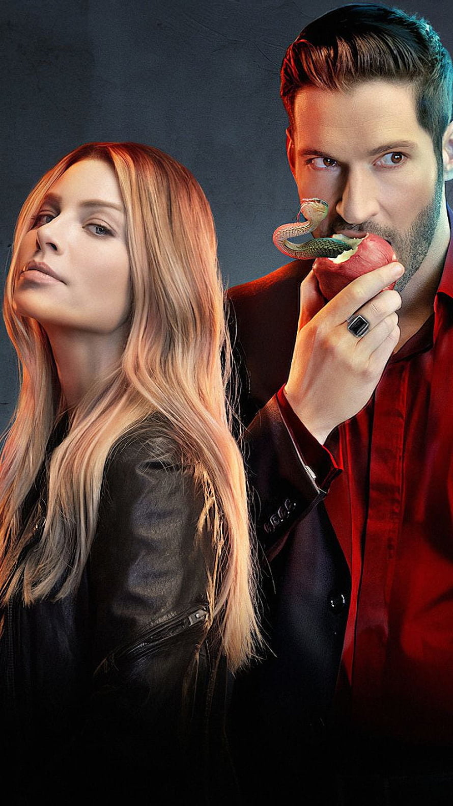 Lucifer TV Series Poster with Devil and Chloe Decker in Dramatic Red and Black Lighting HD phone wallpaper