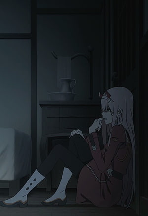 Zero Two from Darling in the Franxx sitting alone in a dimly lit room with a contemplative expression HD phone wallpaper