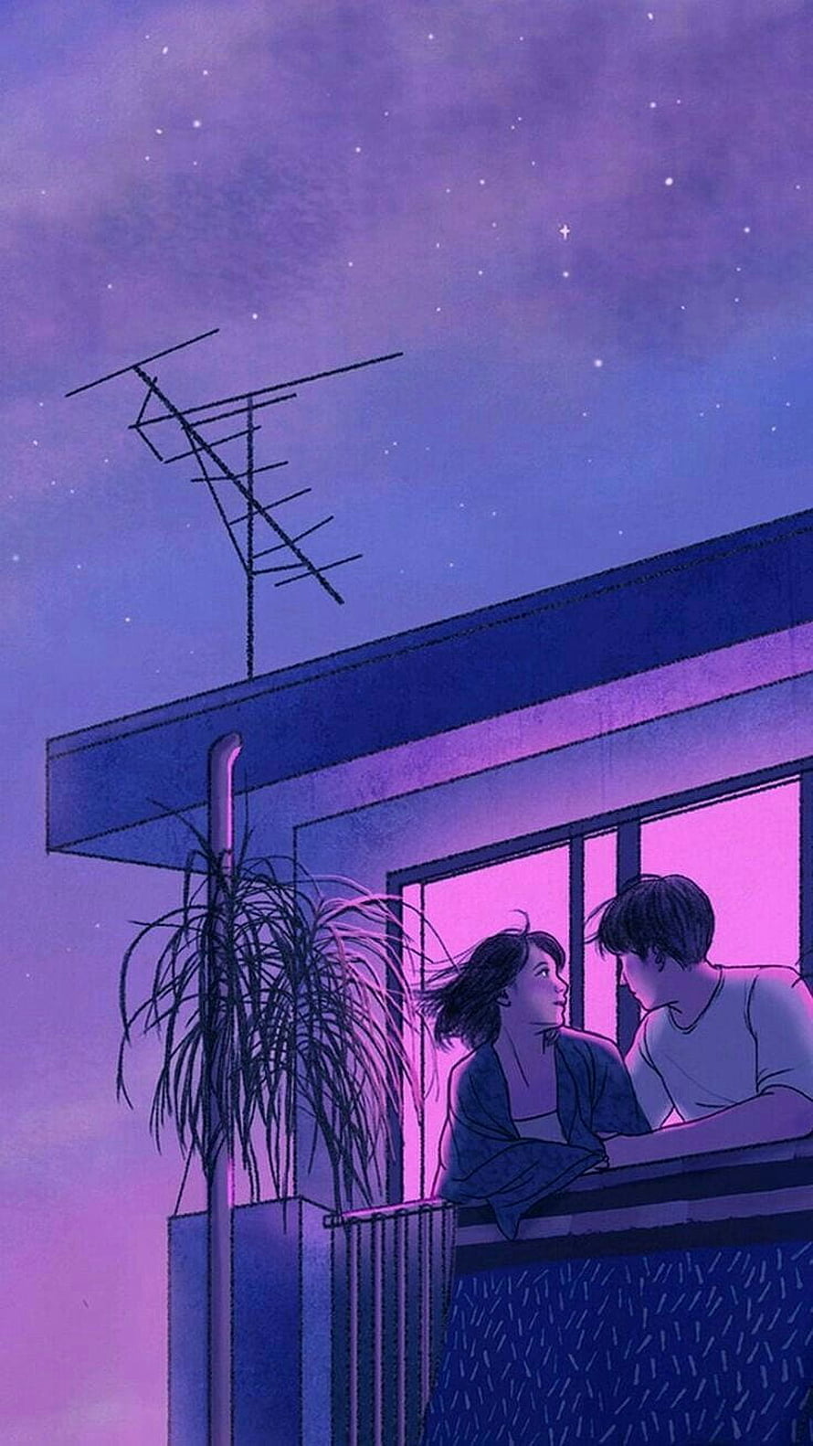 Aesthetic Anime Couple Gazing at Starry Night Sky from Balcony HD phone wallpaper