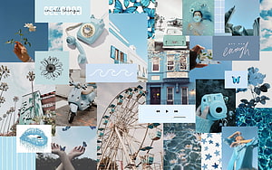Baby Blue Aesthetic Collage Featuring Vintage Objects, Flowers, and Coastal Scenes HD wallpaper