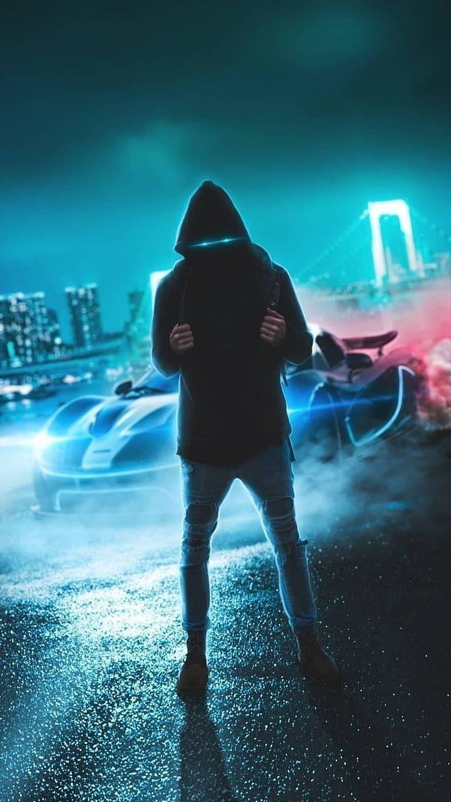 Mysterious Hooded Figure Standing in Neon-Lit Cyberpunk City at Night HD phone wallpaper