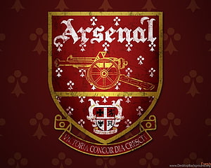 Vintage Arsenal FC Crest with Cannon Emblem and Latin Motto on Deep Red Background HD wallpaper