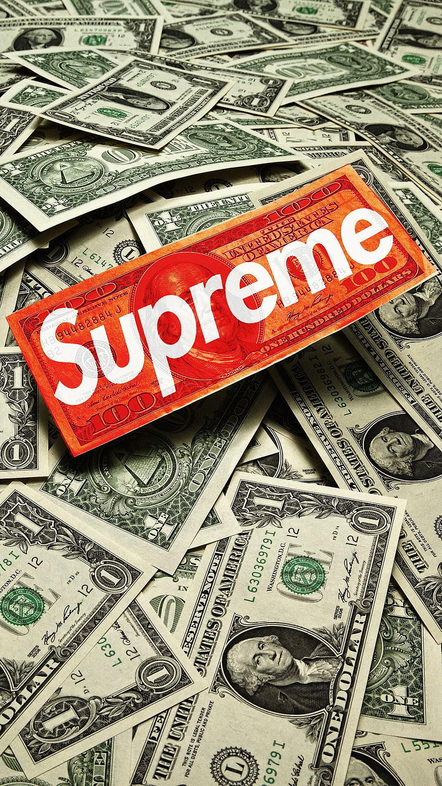 Supreme Brand Logo on Red Banknote Amidst Scattered US Dollar Bills HD phone wallpaper