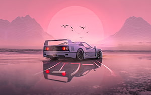 Retro Sports Car on Reflective Surface in Pink Synthwave Landscape HD wallpaper