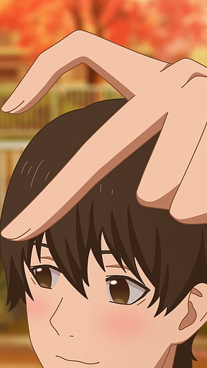 Anime Boy With Blushing Face And Hand On Head In Autumn Setting HD phone wallpaper