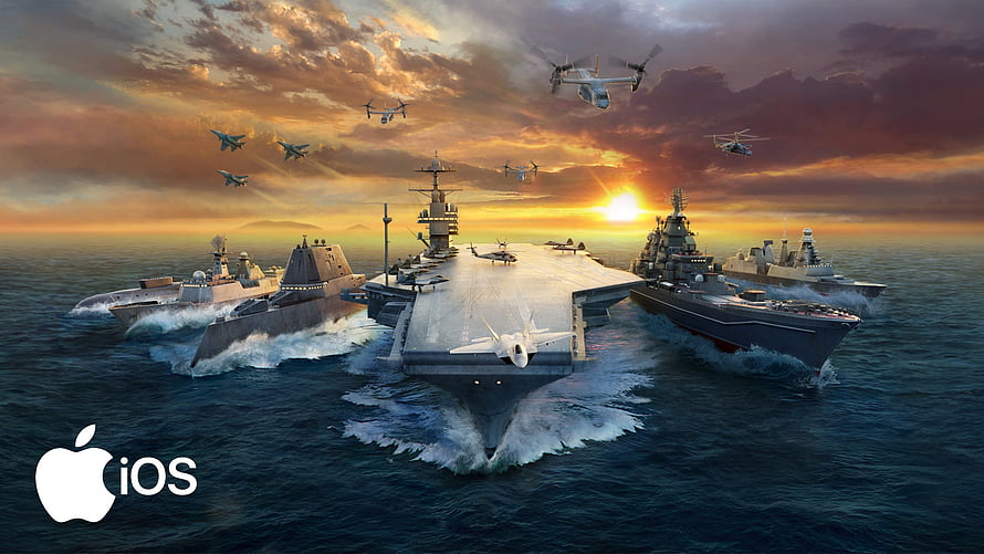 Modern Warships Fleet Formation at Sunset with Aircraft and Drones HD wallpaper