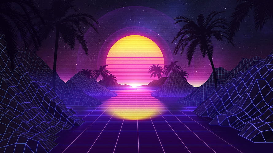 Neon Synthwave Sunset with Wireframe Mountains and Palm Trees HD wallpaper