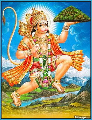 Lord Hanuman Carrying Sanjeevani Mountain in Vibrant Traditional Indian Art HD phone wallpaper