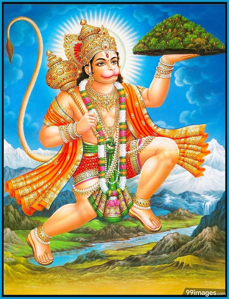 Lord Hanuman Carrying Sanjeevani Mountain in Vibrant Traditional Indian Art HD phone wallpaper