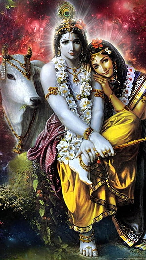 Radha Krishna with White Horse and Peacock Crown in Divine Setting HD phone wallpaper