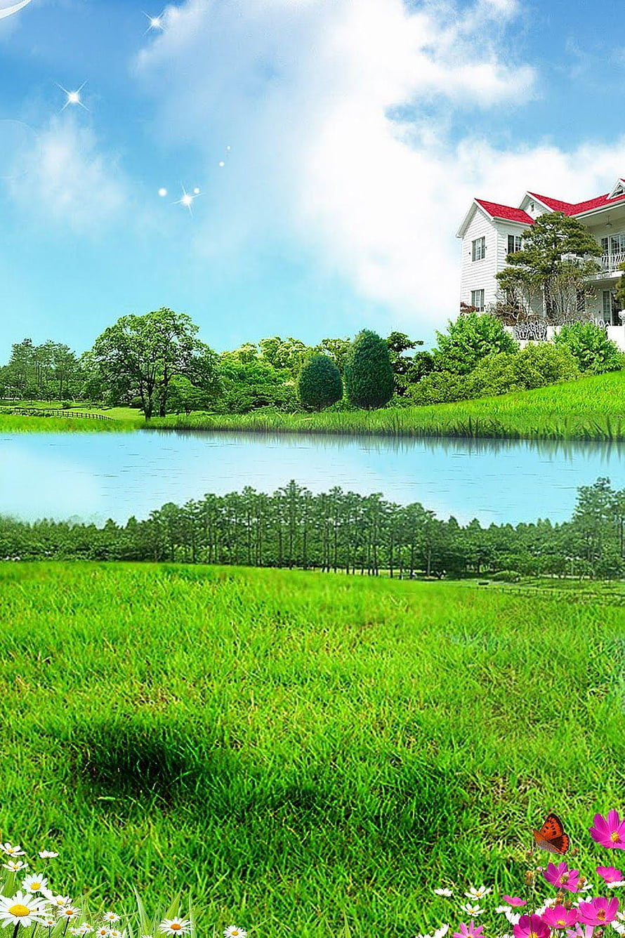 Serene Countryside Landscape with White House, Lake, and Vibrant Green Meadow HD phone wallpaper