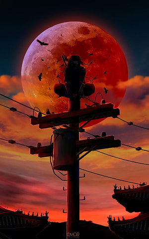 Uchiha Itachi Silhouette Perched on Utility Pole Against Giant Blood Moon with Crows HD phone wallpaper