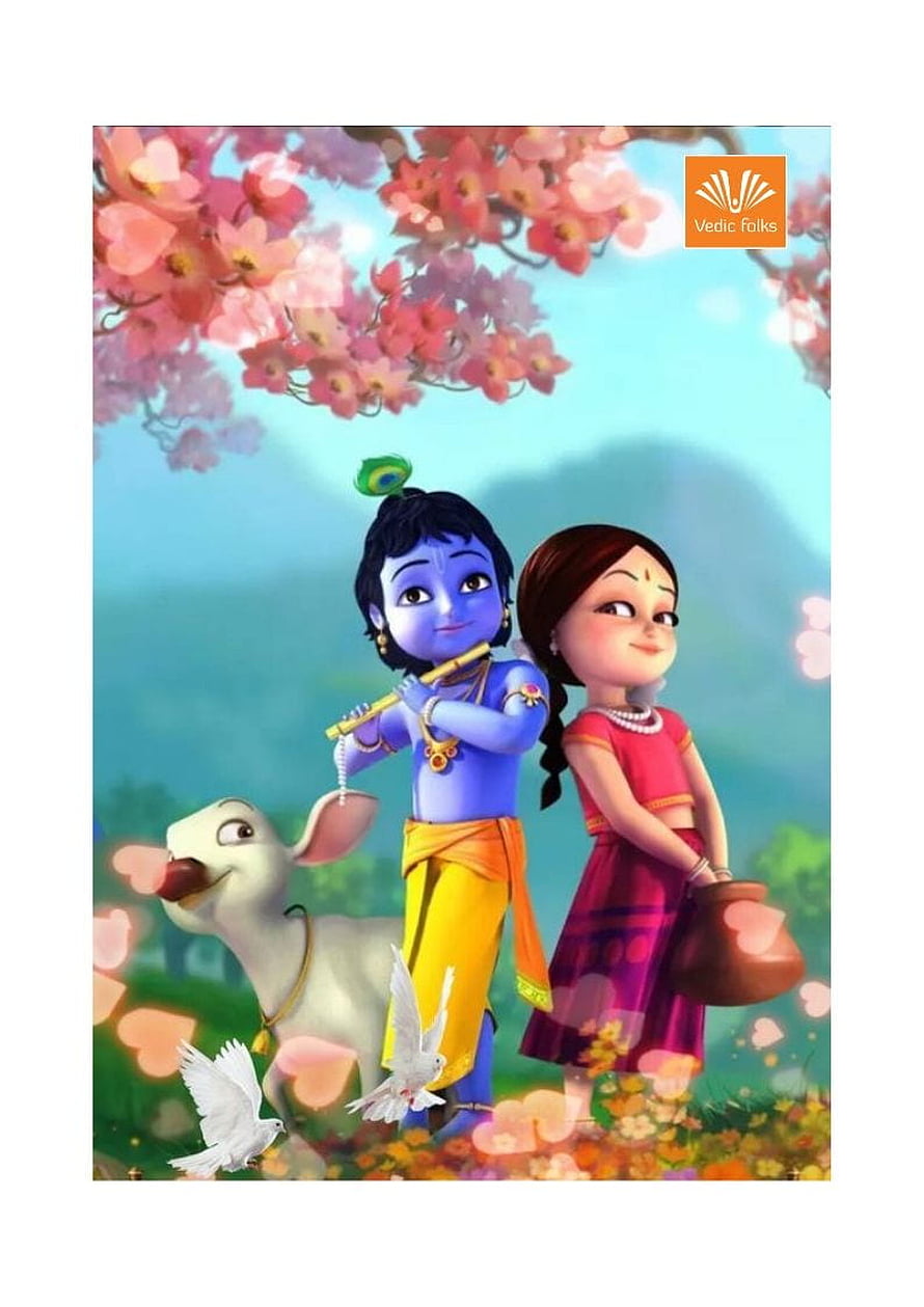 Childhood of Lord Krishna and Radha in a Blossoming Garden with a Goat and Doves HD phone wallpaper