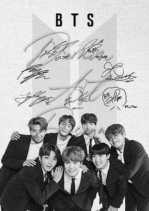 BTS Group Portrait with Member Signatures on Black and White Poster HD phone wallpaper