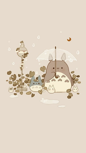 Cute Totoro and Friends Under a Rainy Umbrella with Moon and Falling Leaves HD phone wallpaper