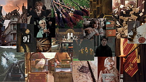 Harry Potter Movie Collage Featuring Hogwarts, Characters, and Magical Artifacts HD wallpaper