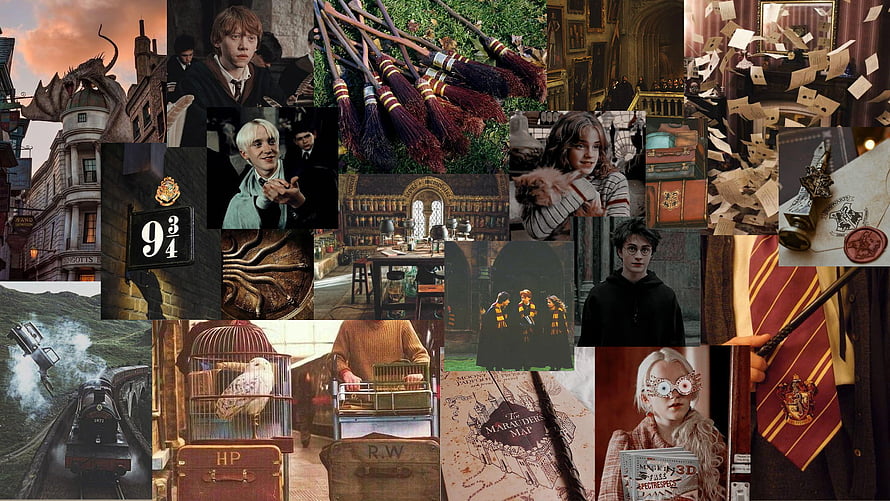 Harry Potter Movie Collage Featuring Hogwarts, Characters, and Magical Artifacts HD wallpaper