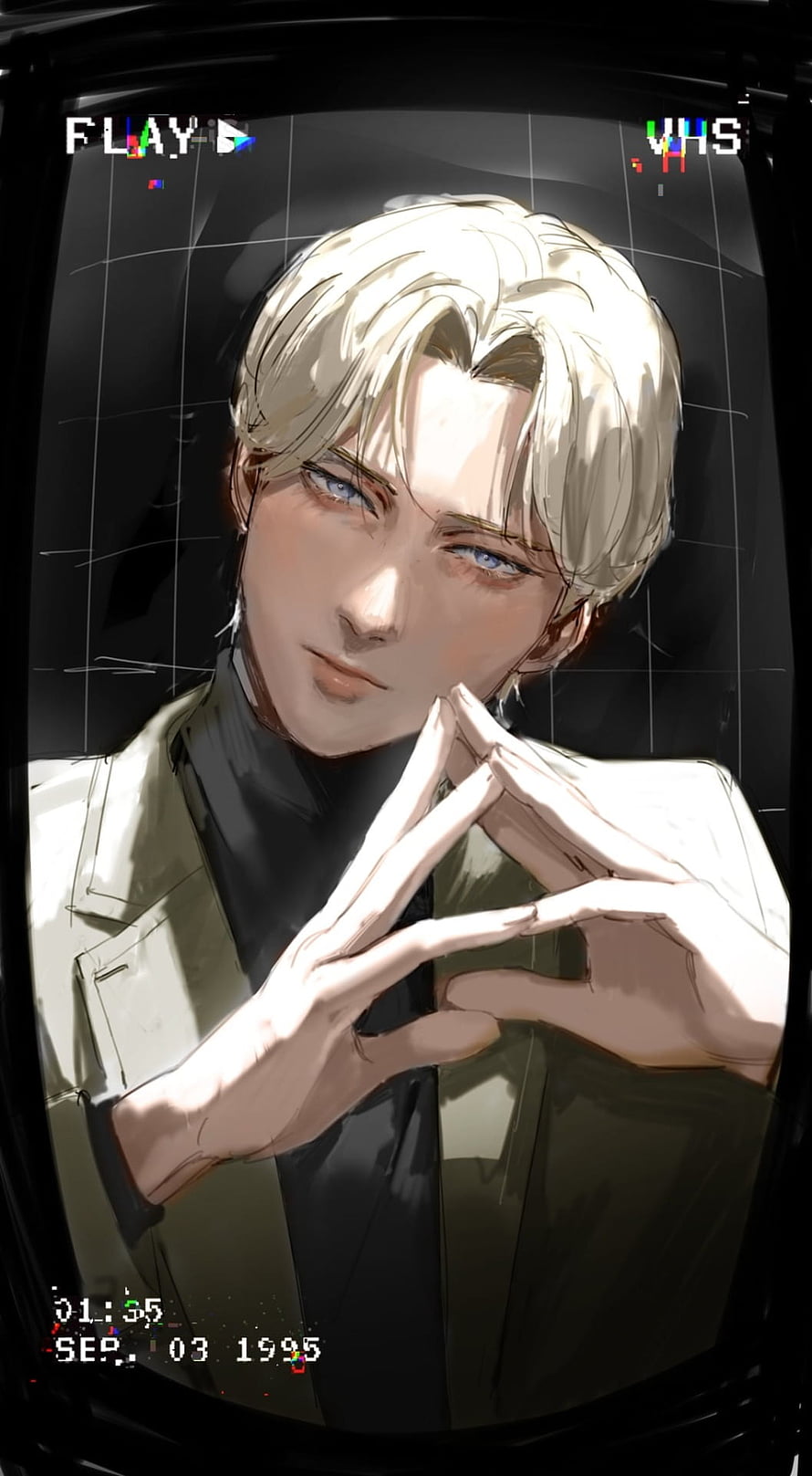 Johan Liebert VHS Aesthetic Portrait with Retro Glitch Overlay and Hands Gesturing HD phone wallpaper