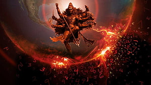 Lord Shiva Cosmic Warrior Artwork with Fiery Numbers and Celestial Glow HD wallpaper