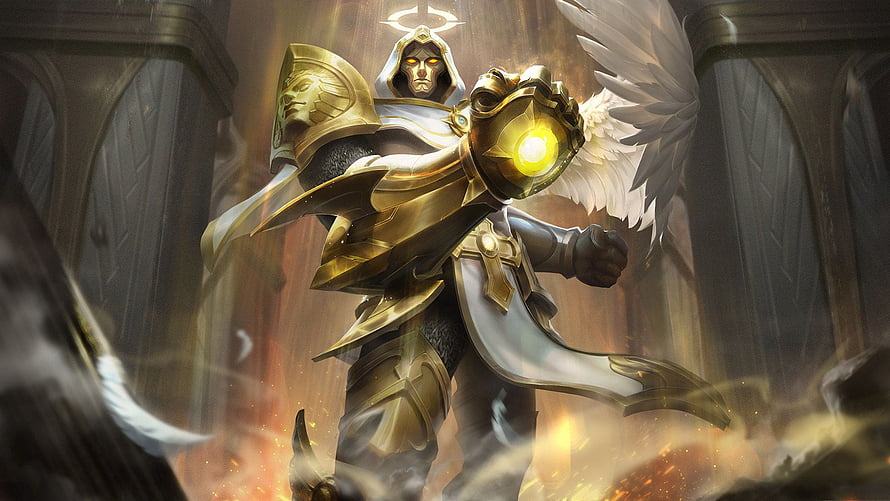 Aldous from Mobile Legends in Golden Armor with Glowing Halo and Wings HD wallpaper