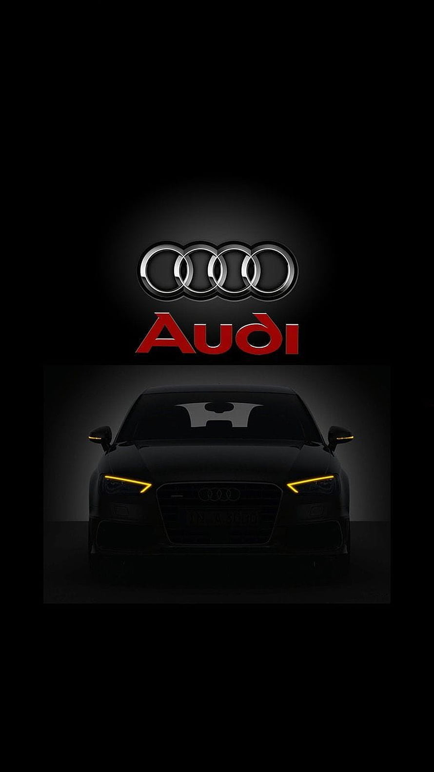 Audi Four Rings Logo and Black Sedan Front View with Amber LED Headlights on Dark Background HD phone wallpaper