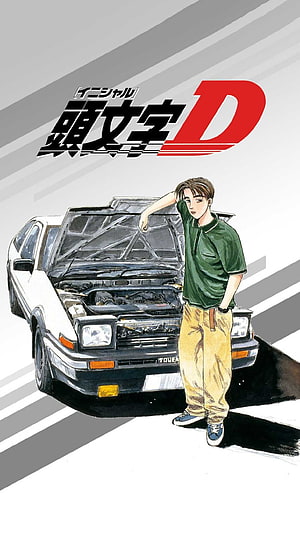 Keisuke Takahashi Leaning on AE86 Trueno in Initial D Anime Illustration HD phone wallpaper