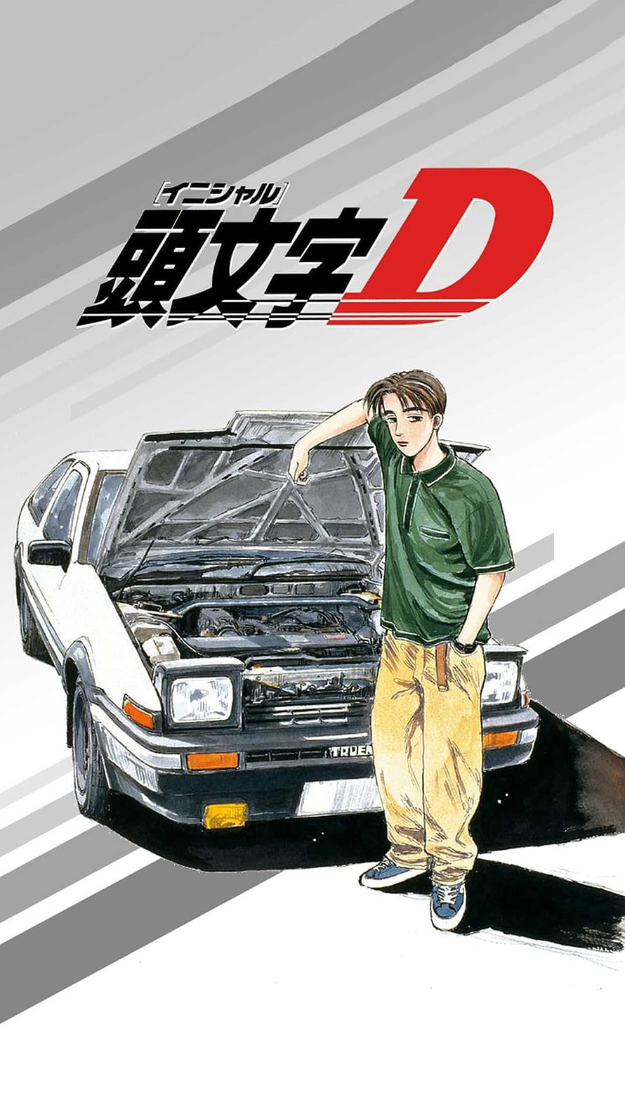 Keisuke Takahashi Leaning on AE86 Trueno in Initial D Anime Illustration HD phone wallpaper