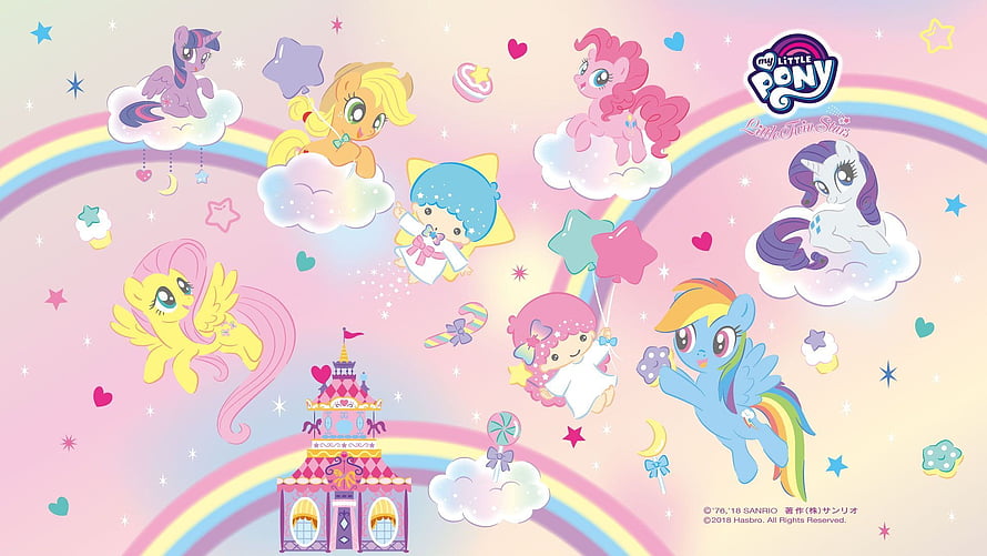 My Little Pony and Little Twin Stars pastel rainbow clouds and candy castle illustration HD wallpaper
