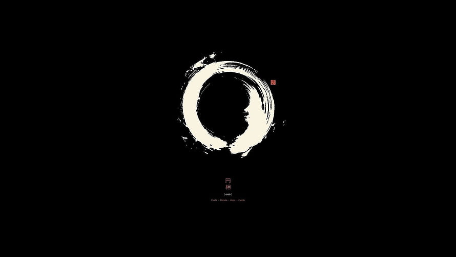 Minimalist Japanese Enso Circle with Kanji on Black Background HD wallpaper