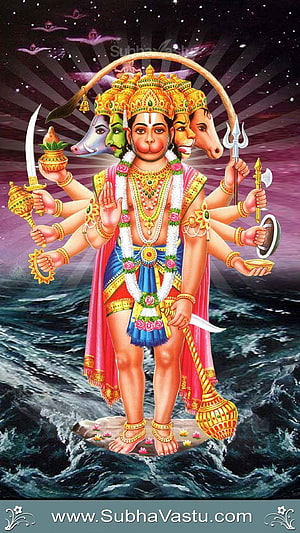 Anjaneya Swamy Multi-Headed Hindu Deity Illustration with Cosmic Ocean Background HD phone wallpaper