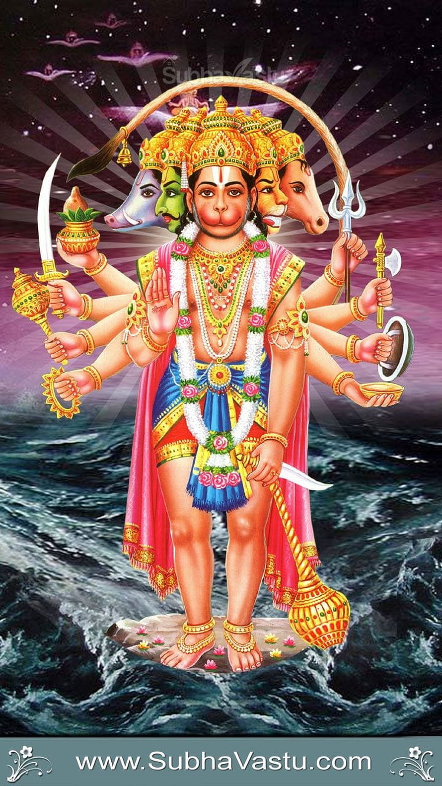 Anjaneya Swamy Multi-Headed Hindu Deity Illustration with Cosmic Ocean Background HD phone wallpaper