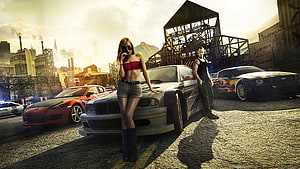 Need For Speed Most Wanted promotional artwork featuring characters and sports cars in an industrial city setting HD wallpaper