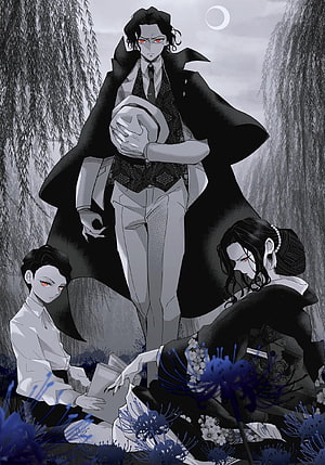 Kibutsuji Muzan in Victorian Vampire Attire with Akaza and Daki in a Monochrome Demon Slayer Scene HD phone wallpaper
