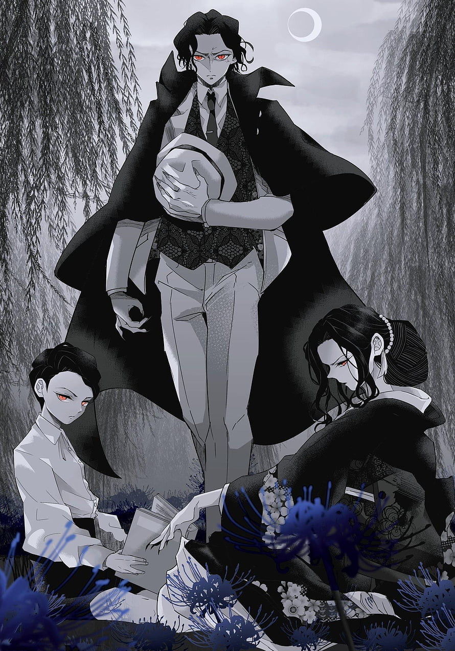 Kibutsuji Muzan in Victorian Vampire Attire with Akaza and Daki in a Monochrome Demon Slayer Scene HD phone wallpaper