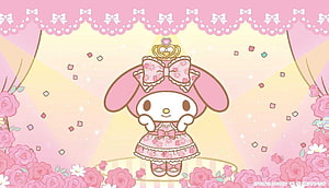 My Melody in a pink floral dress and crown on a stage surrounded by roses and confetti HD wallpaper