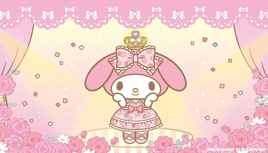 My Melody in a pink floral dress and crown on a stage surrounded by roses and confetti HD wallpaper