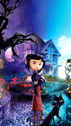 Coraline Jones and the Black Cat in the Other World Garden HD phone wallpaper