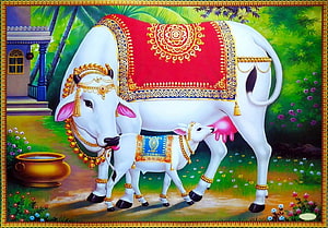 Kamadhenu Cow and Calf in Traditional Indian Art with Ornate Decorations HD wallpaper